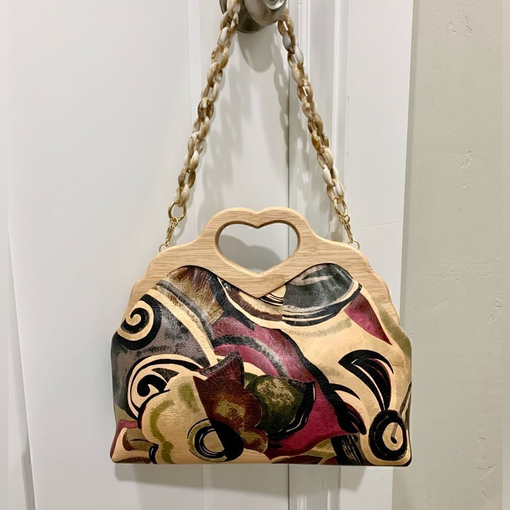 Abstract Print Cowhide Leather Handmade Wooden Frame Bag Includes 2 Strap Styles